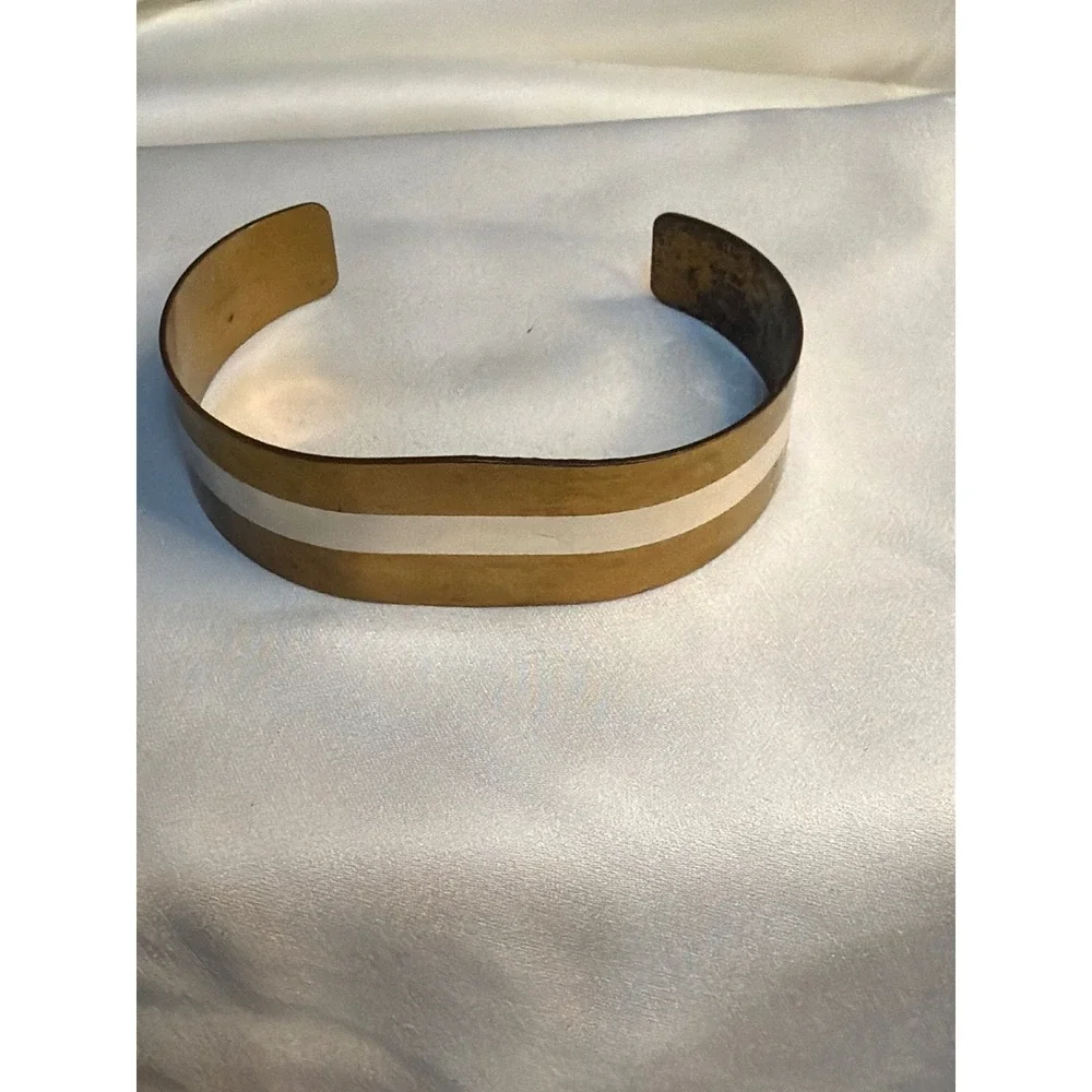 Vintage 1976 Lillian Vernon Sterling Silver Inlay Brass Cuff Bracelet Retro